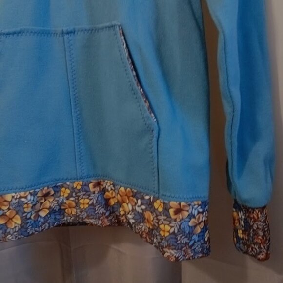Hawaiian Floral Henley Hoodie Sweatshirt women S Blue Gold contrast Pullover - Picture 4 of 7